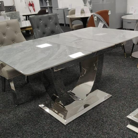 Arial 1.2–1.5m Extending Grey Ceramic Marble Dining Table with Lasco Velvet Dining Chairs – Luxury Modern Dining Set