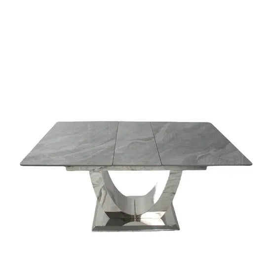 Arial 1.2–1.5m Extending Grey Ceramic Marble Dining Table with Lasco Velvet Dining Chairs – Luxury Modern Dining Set