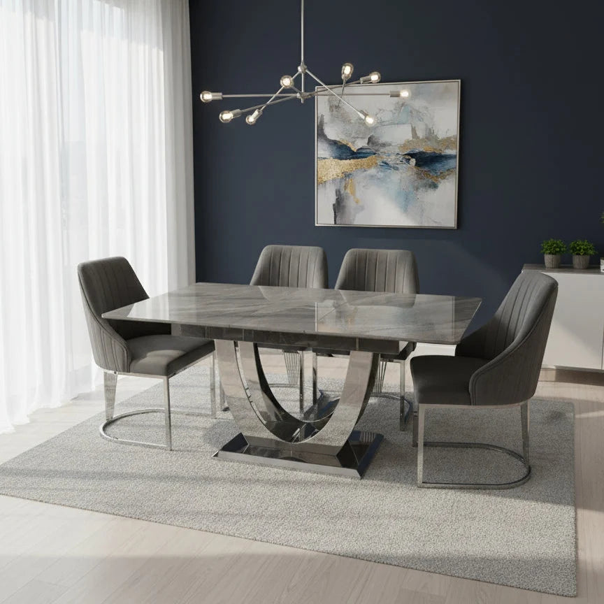 Arial 1.2–1.5m Extending Grey Ceramic Marble Dining Table with Lasco Velvet Dining Chairs – Luxury Modern Dining Set