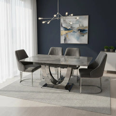 Arial 1.2–1.5m Extending Grey Ceramic Marble Dining Table with Lasco Velvet Dining Chairs – Luxury Modern Dining Set
