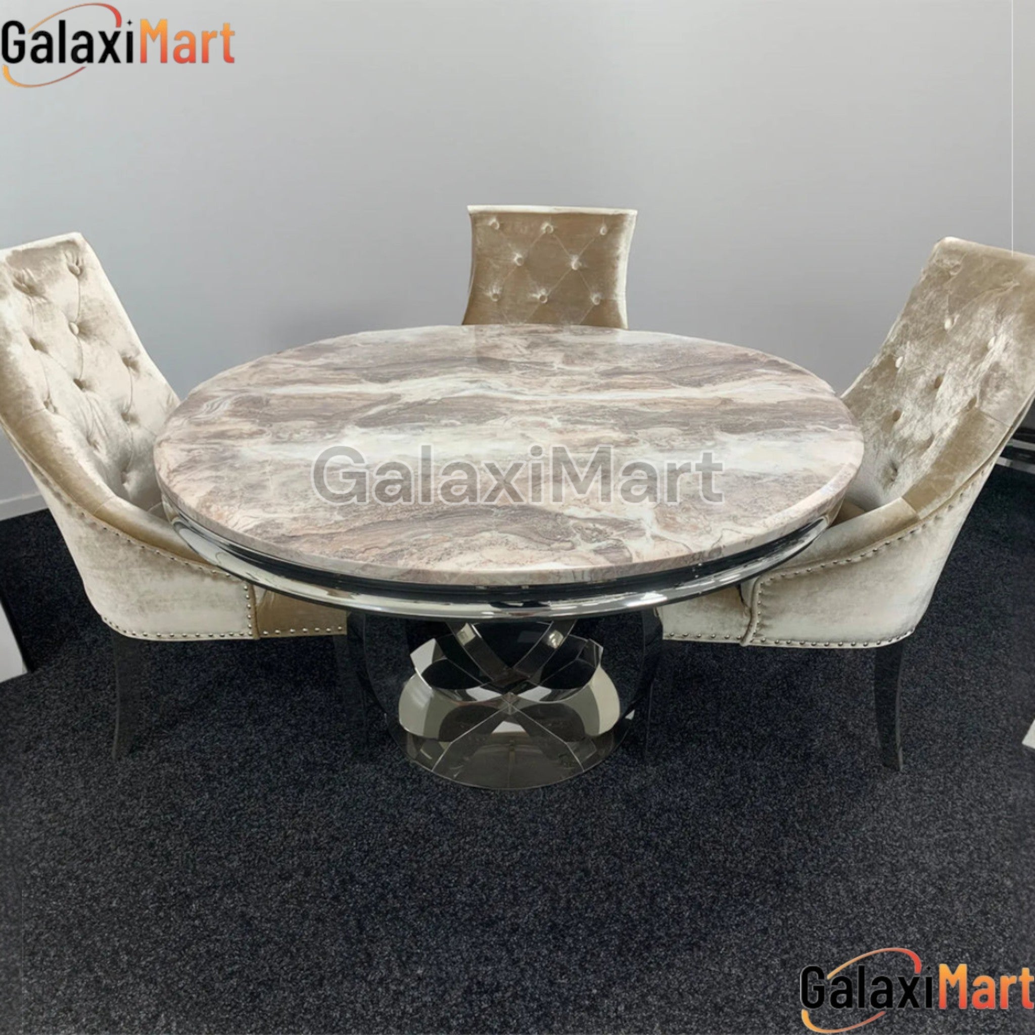 Bologna 130cm Round Mixed Brown Marble Dining Table with Mink Plain Back Ring Knocker Velvet Dining Chairs