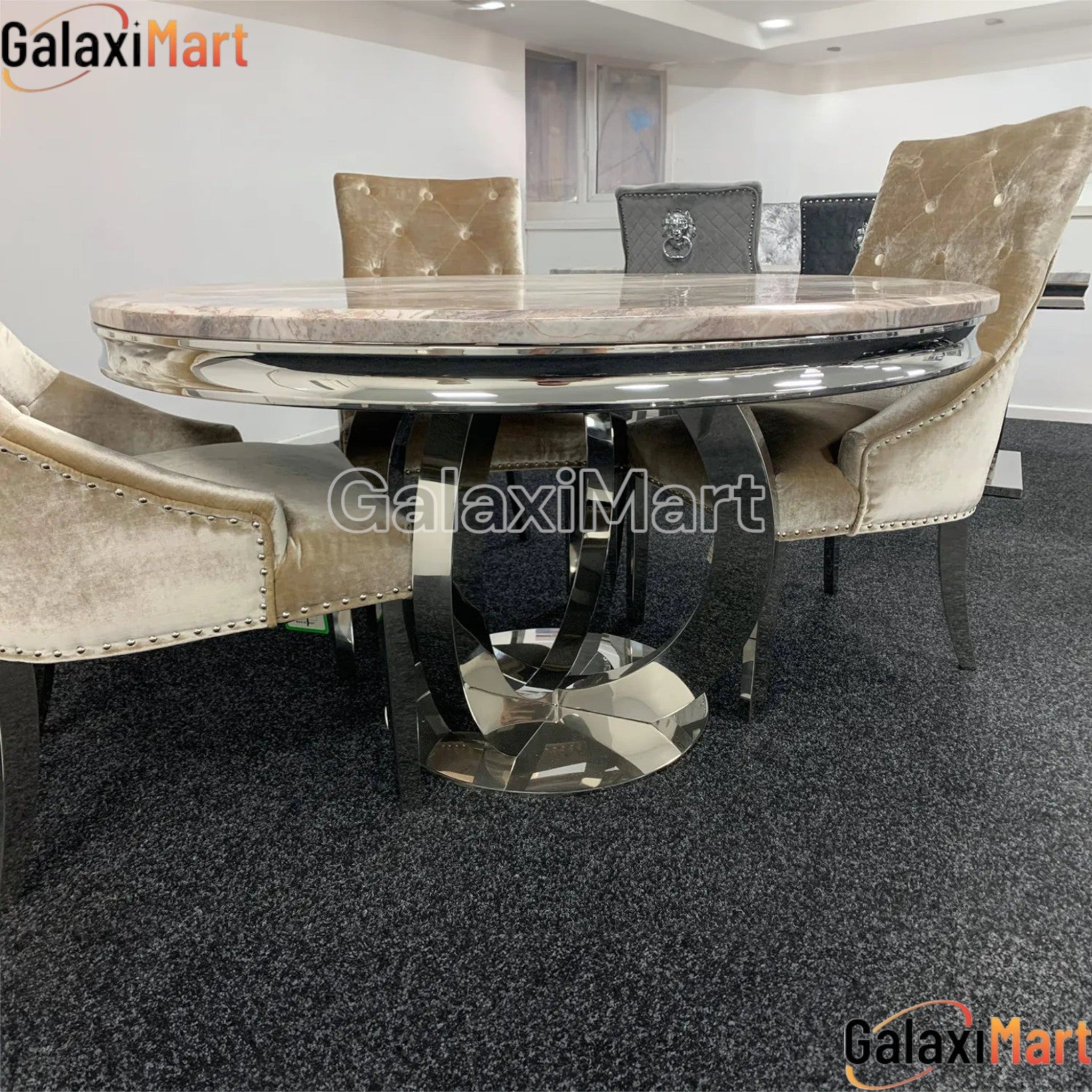 Bologna 130cm Round Mixed Brown Marble Dining Table with Mink Plain Back Ring Knocker Velvet Dining Chairs