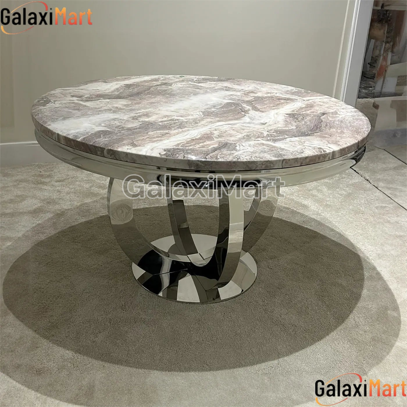 Bologna 130cm Round Mixed Brown Marble Dining Table with Mink Plain Back Ring Knocker Velvet Dining Chairs