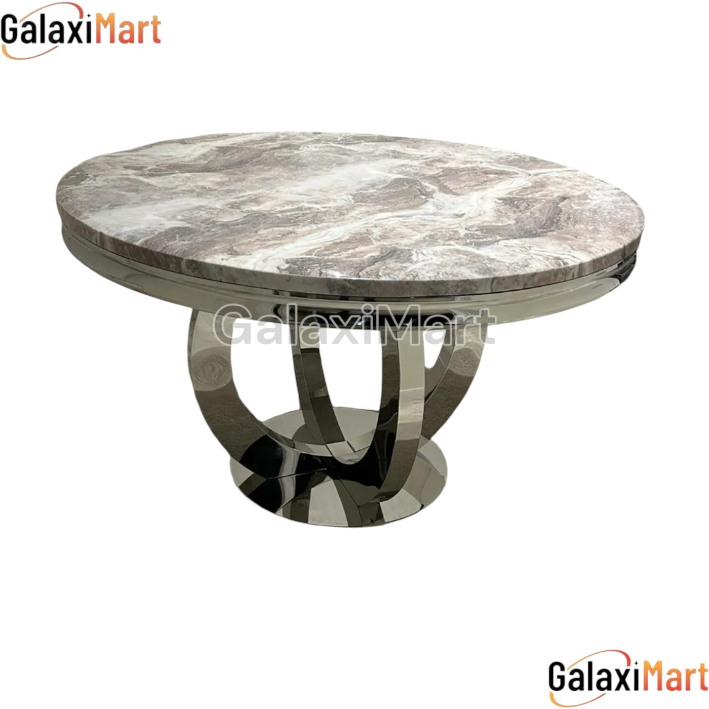 Bologna 130cm Round Mixed Brown Marble Dining Table with Mink Plain Back Ring Knocker Velvet Dining Chairs