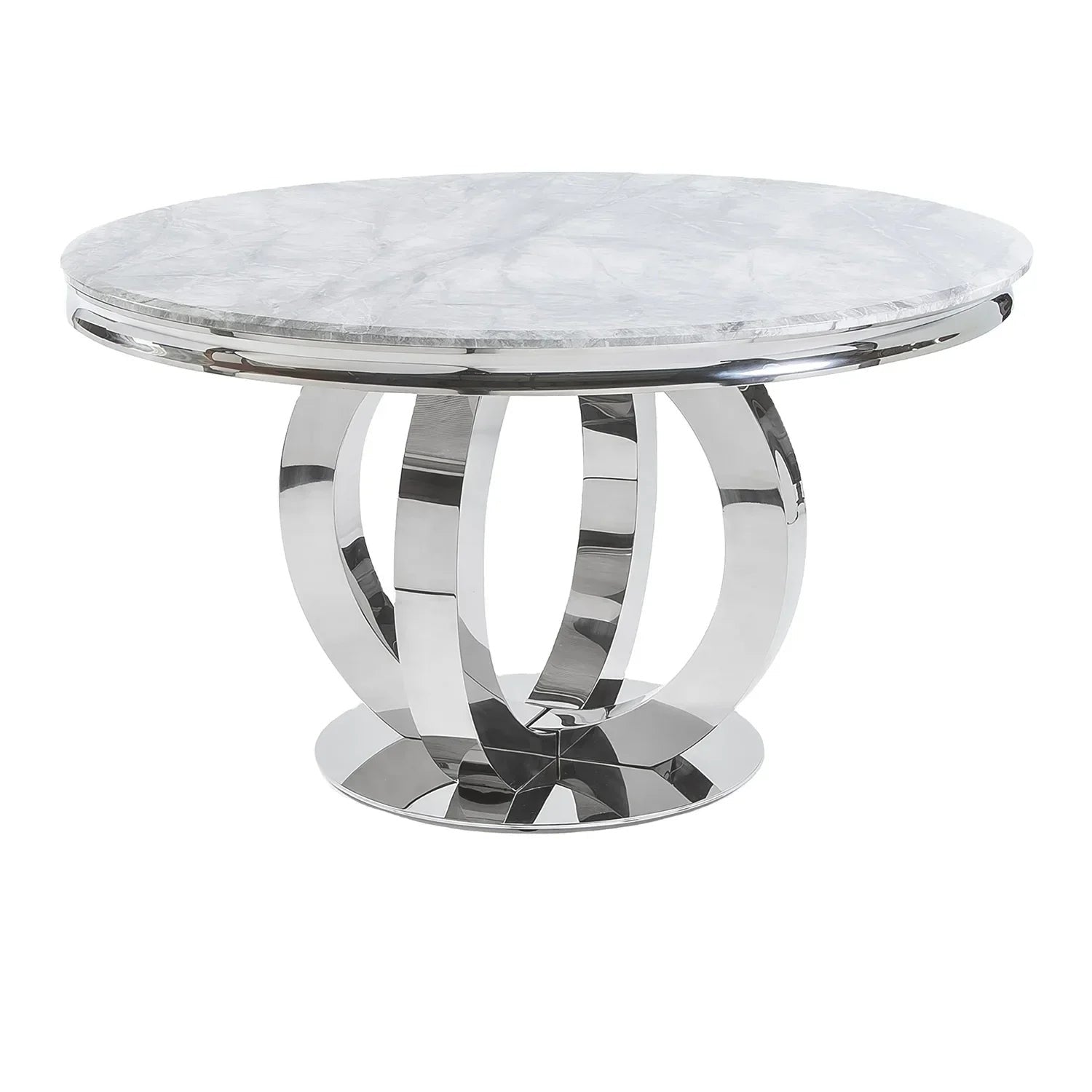 Bologna 130cm white round marble dining table with plain back silver grey ring knocker velvet chairs