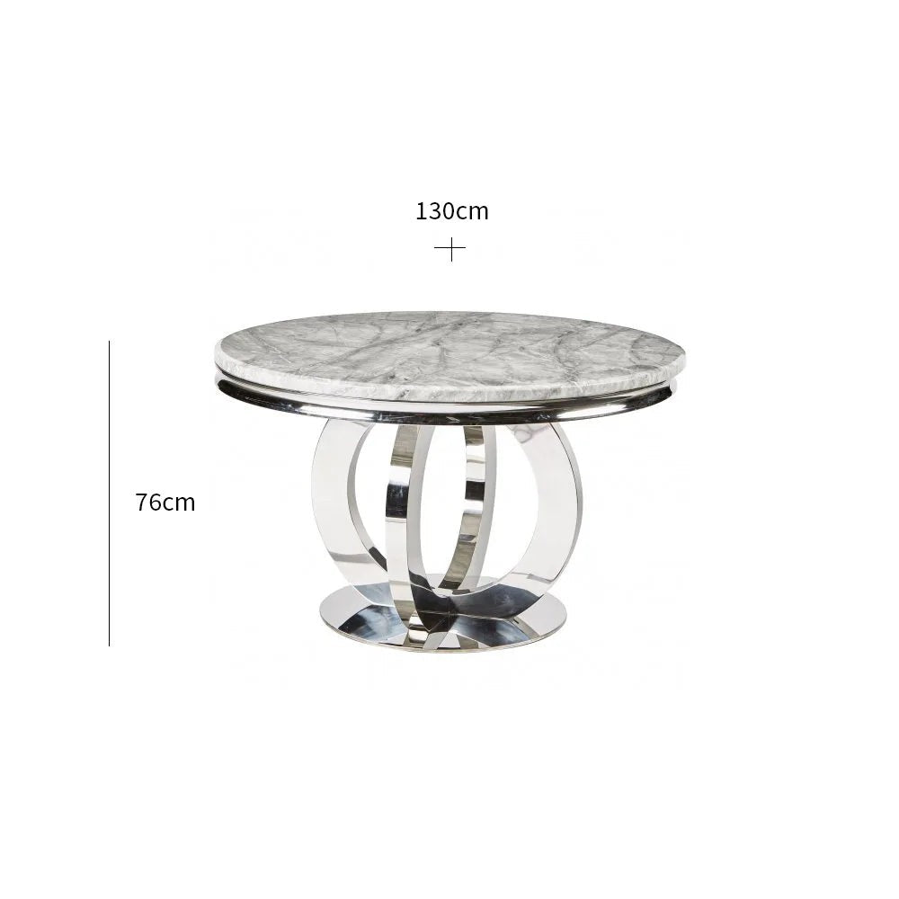 Bologna 130cm white round marble dining table with plain back silver grey ring knocker velvet chairs