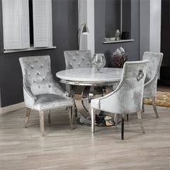Bologna 130cm white round marble dining table with plain back silver grey ring knocker velvet chairs
