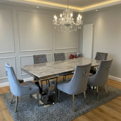 Arianna 150/180/200cm Grey Marble Dining Table with Darcy Ring Knocker Velvet Dining Chairs