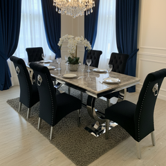 Arianna Marble & Chrome Dining Table with Lucy Slim Quilted Lion Knocker Velvet Dining Chairs – Luxury Dining Set