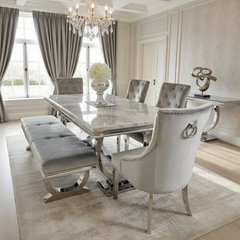 Arianna 150cm Grey Marble Dining Table + Belle Grey Velvet Dining Chairs + Grey 130cm Bench