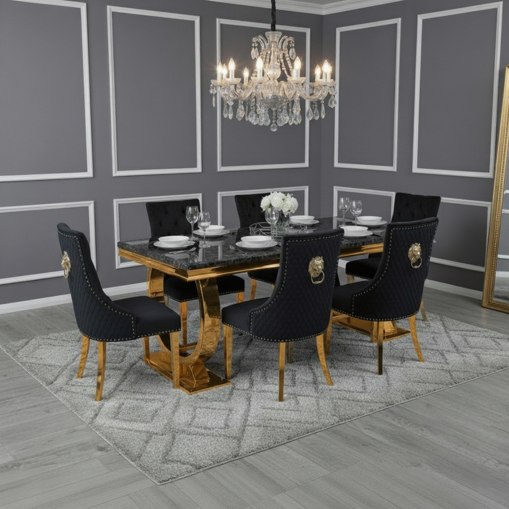 Arianna 180cm Gold Marble Dining Table with Gold Lion Knocker Black Velvet Dining Chairs