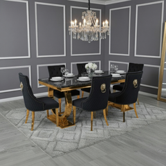 Arianna 180cm Gold Marble Dining Table with Gold Lion Knocker Black Velvet Dining Chairs