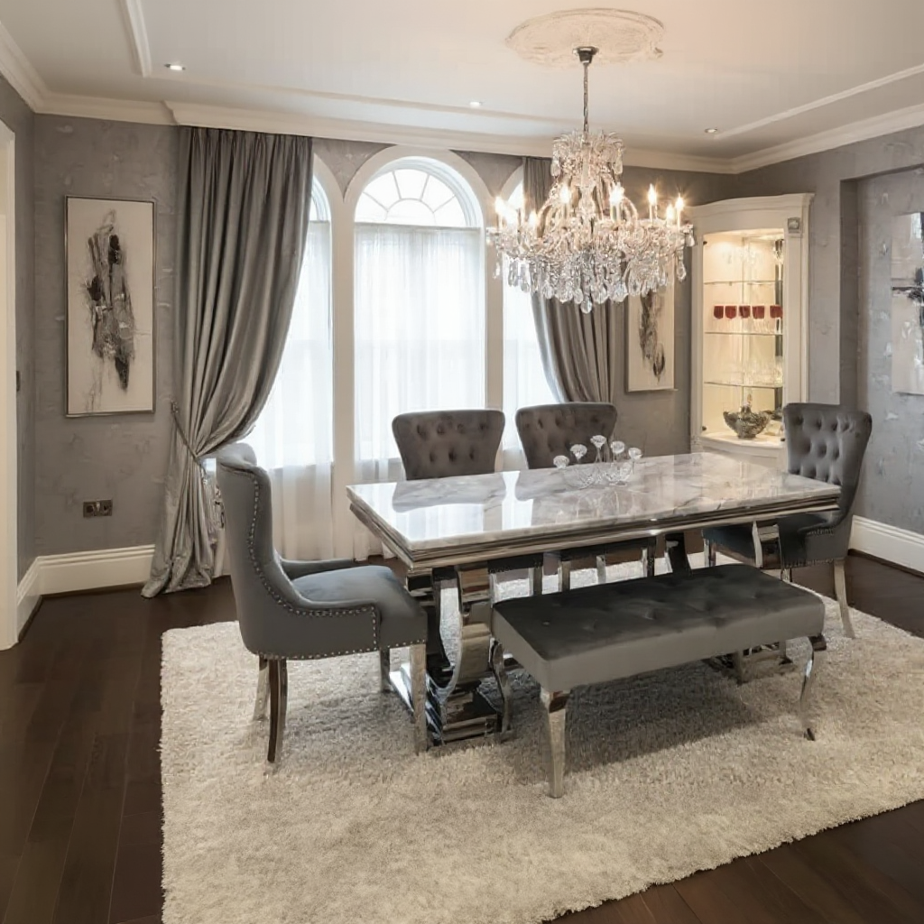 Arianna 180cm Grey Marble Dining Table with 4 Lion Knocker Grey Velvet Dining Chairs and 130cm Matching Bench