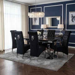 Arianna Marble & Chrome Dining Table with Lucy Slim Quilted Lion Knocker Velvet Dining Chairs – Luxury Dining Set