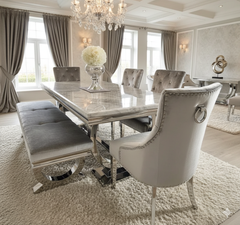 Arianna 200cm Grey Marble Dining Table with Belle Grey Velvet Dining Chairs and 180cm Grey Matching Bench