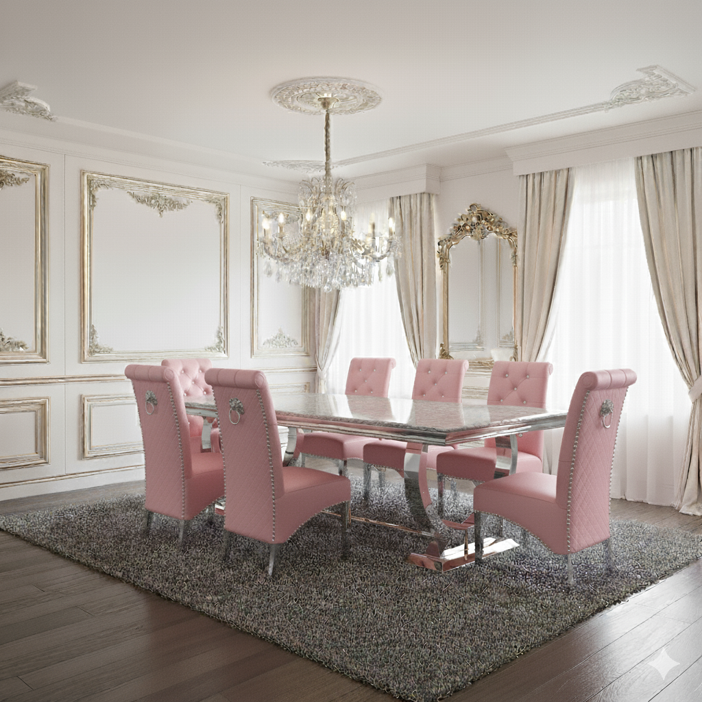 Arianna Grey Marble Dining Table with Sofia High Back Cream Lion Knocker Plush Velvet Dining Chairs