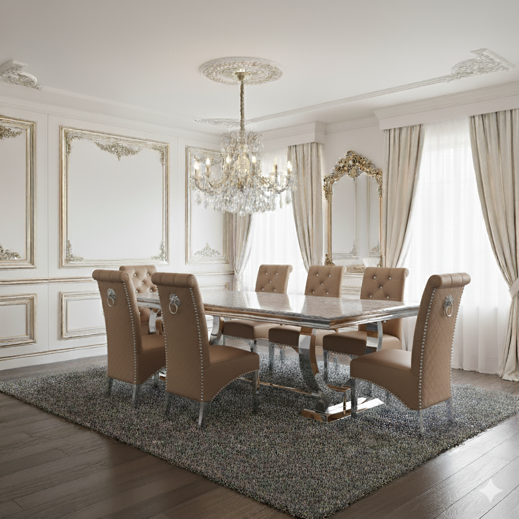 Arianna Grey Marble Dining Table with Sofia High Back Cream Lion Knocker Plush Velvet Dining Chairs
