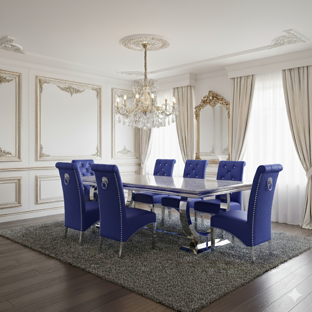 Arianna Grey Marble Dining Table with Sofia High Back Cream Lion Knocker Plush Velvet Dining Chairs