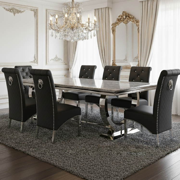 Arianna Grey Marble Dining Table with Sofia High Back Cream Lion Knocker Plush Velvet Dining Chairs