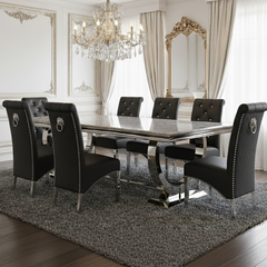 Arianna Grey Marble Dining Table with Sofia High Back Cream Lion Knocker Plush Velvet Dining Chairs