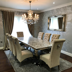 Arianna Grey Marble Dining Table with Sofia High Back Cream Lion Knocker Plush Velvet Dining Chairs