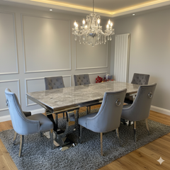 Arianna 150/180/200cm Grey Marble Dining Table with Darcy Ring Knocker Velvet Dining Chairs
