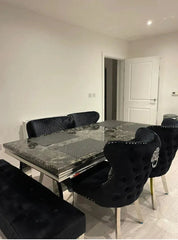Arianna 200cm Black Marble Dining Table + Valentino Button Lion Knocker Black Velvet Chairs