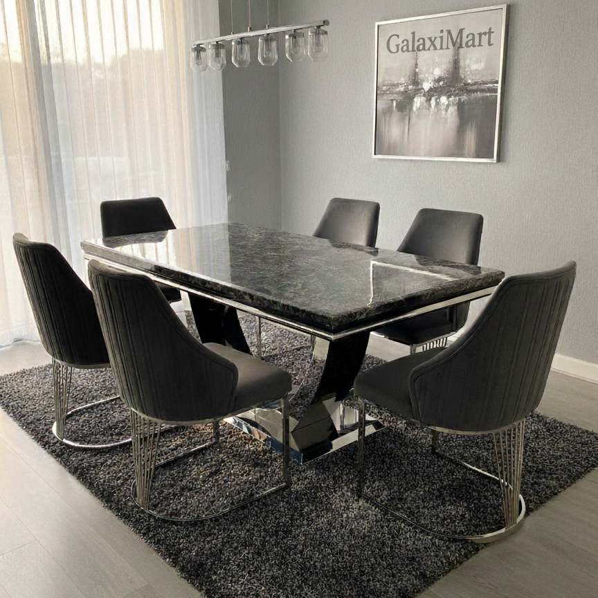 Ariel Black Marble Dining Table with Lasco Velvet Dining Chairs – Modern Luxury Dining Set