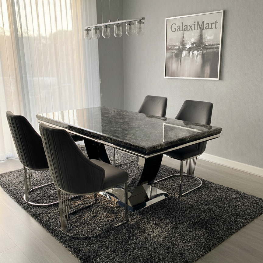 Ariel Black Marble Dining Table with Lasco Velvet Dining Chairs – Modern Luxury Dining Set