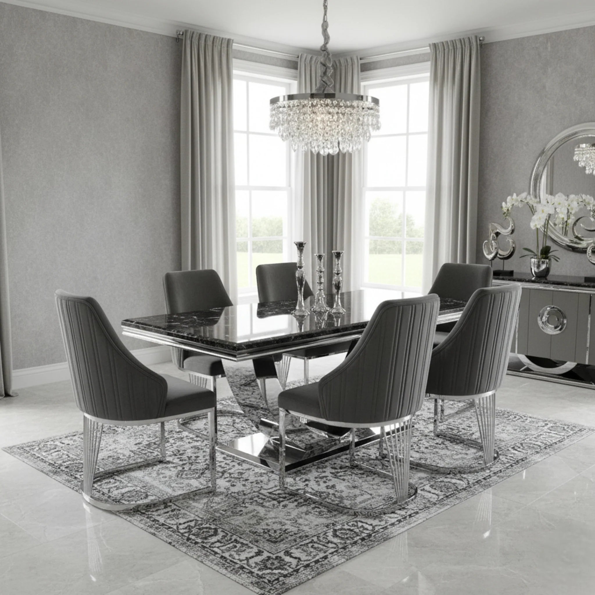 Ariel Black Marble Dining Table with Lasco Velvet Dining Chairs – Modern Luxury Dining Set