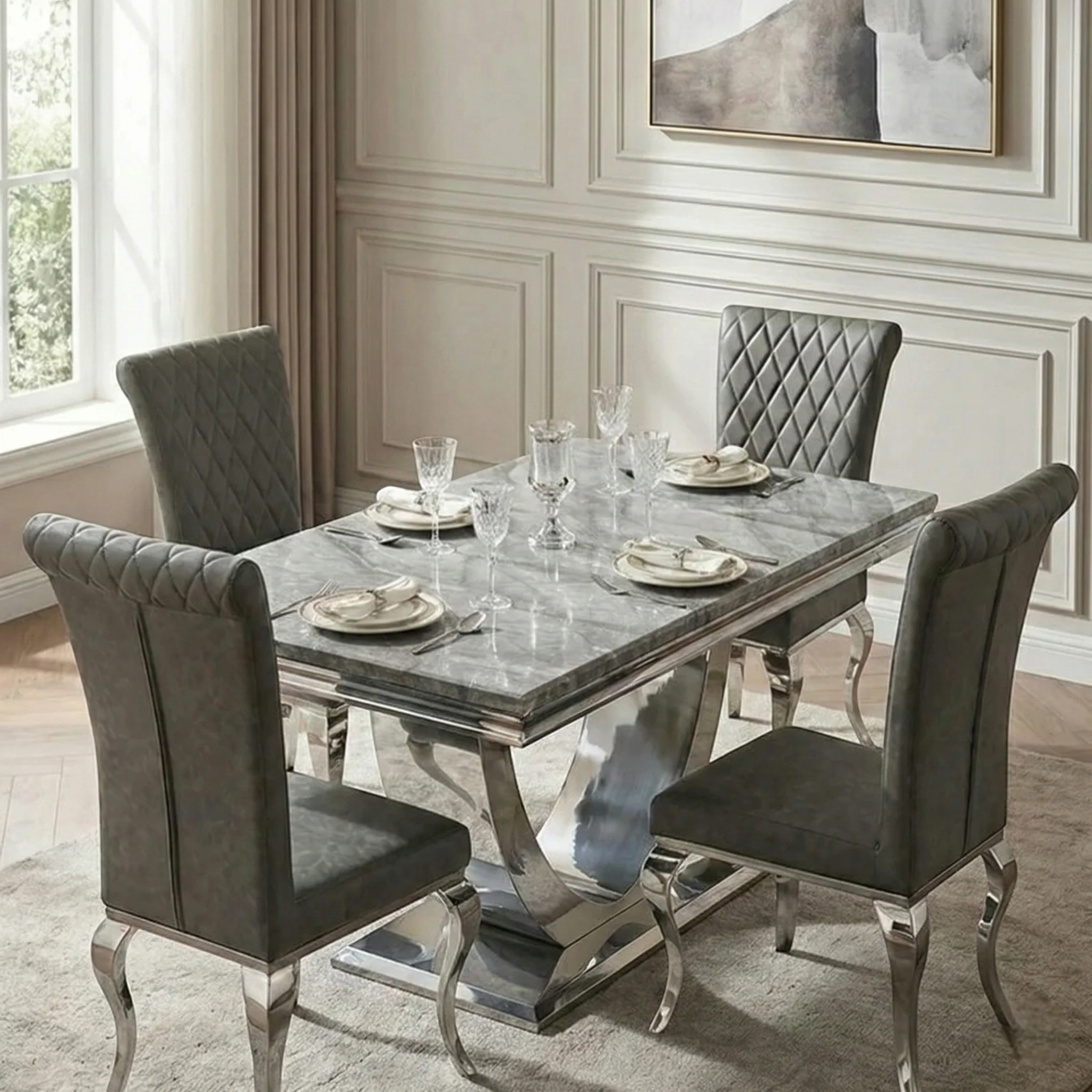 Ariel Grey Marble Dining Table with Nicole PU Leather Dining Chairs