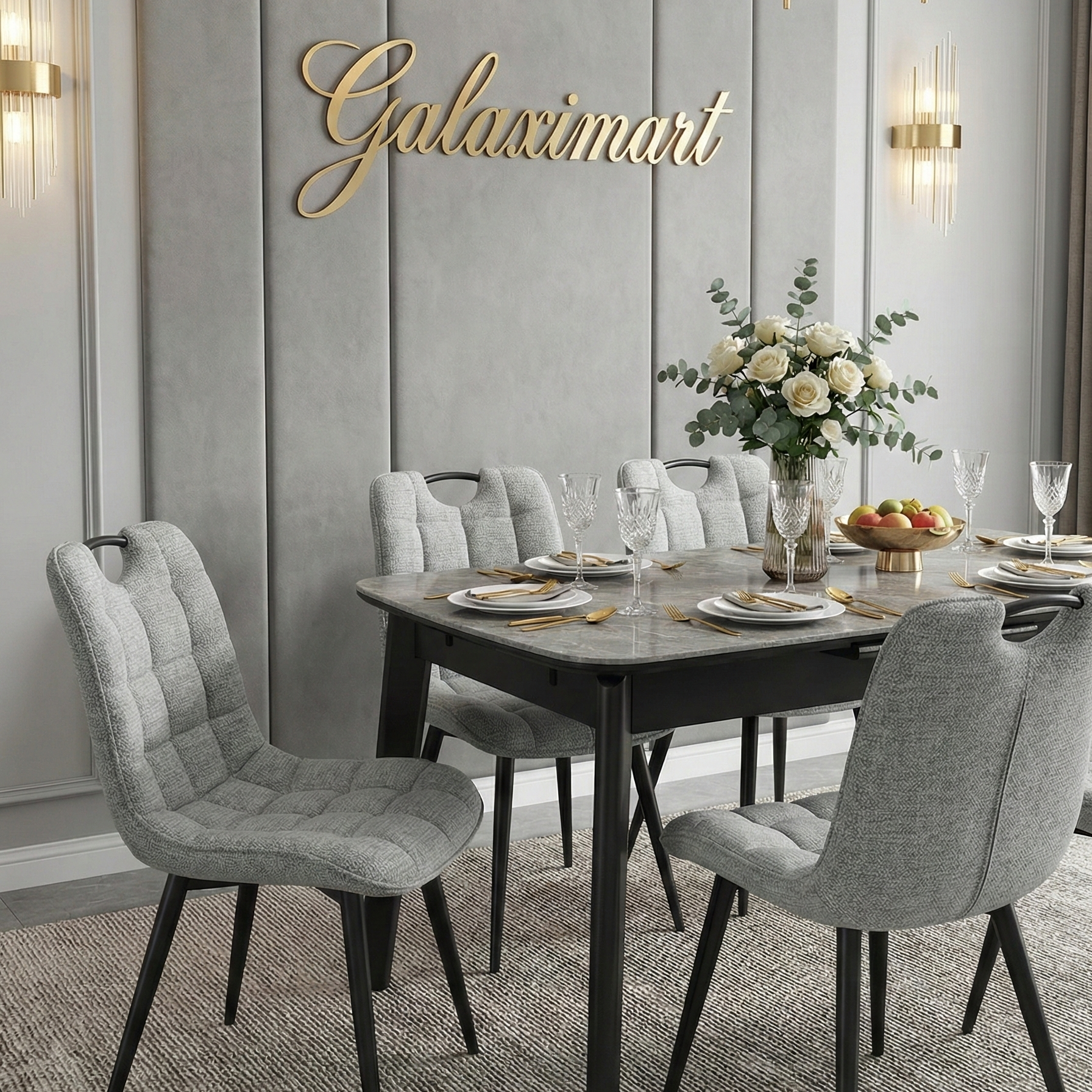 Arizona 130-160cm Extending Grey Ceramic Dining Table with Monza Grey Fabric Chairs