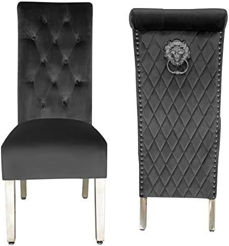 Ariana Grey Marble Dining Table Set | Sofia Dark Grey Velvet Lion Knocker Chairs | 4 to 10 Seater | 3 Size Options