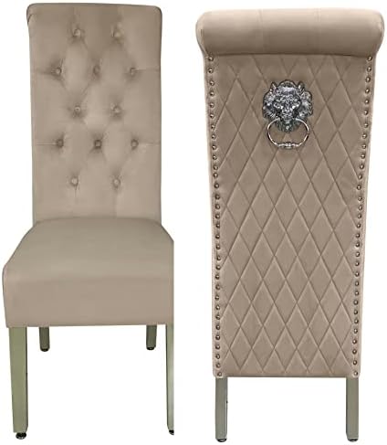 Ariana White Marble Dining Table Set | Sofia Mink Velvet Lion Knocker Chairs | 4 to 10 Seater | 3 Size Options