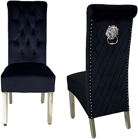 Ariana Black Marble Dining Table Set | Sofia Black Velvet Lion Knocker Chairs | 4 to 10 Seater | 3 Size Options