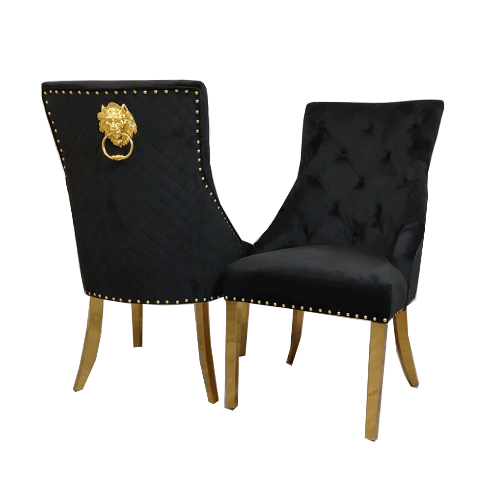 Arianna 180cm Gold Marble Dining Table with Gold Lion Knocker Black Velvet Dining Chairs