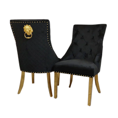 Arianna 180cm Gold Marble Dining Table with Gold Lion Knocker Black Velvet Dining Chairs