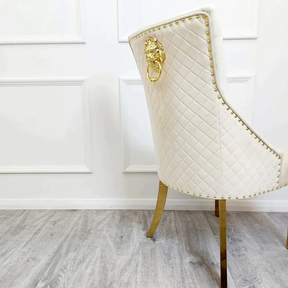 Arianna 180cm Gold Marble Dining Table with Gold Lion Knocker Black Velvet Dining Chairs