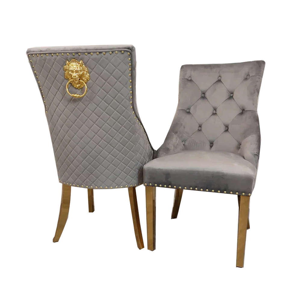 Arianna 180cm Gold Marble Dining Table with Gold Lion Knocker Black Velvet Dining Chairs