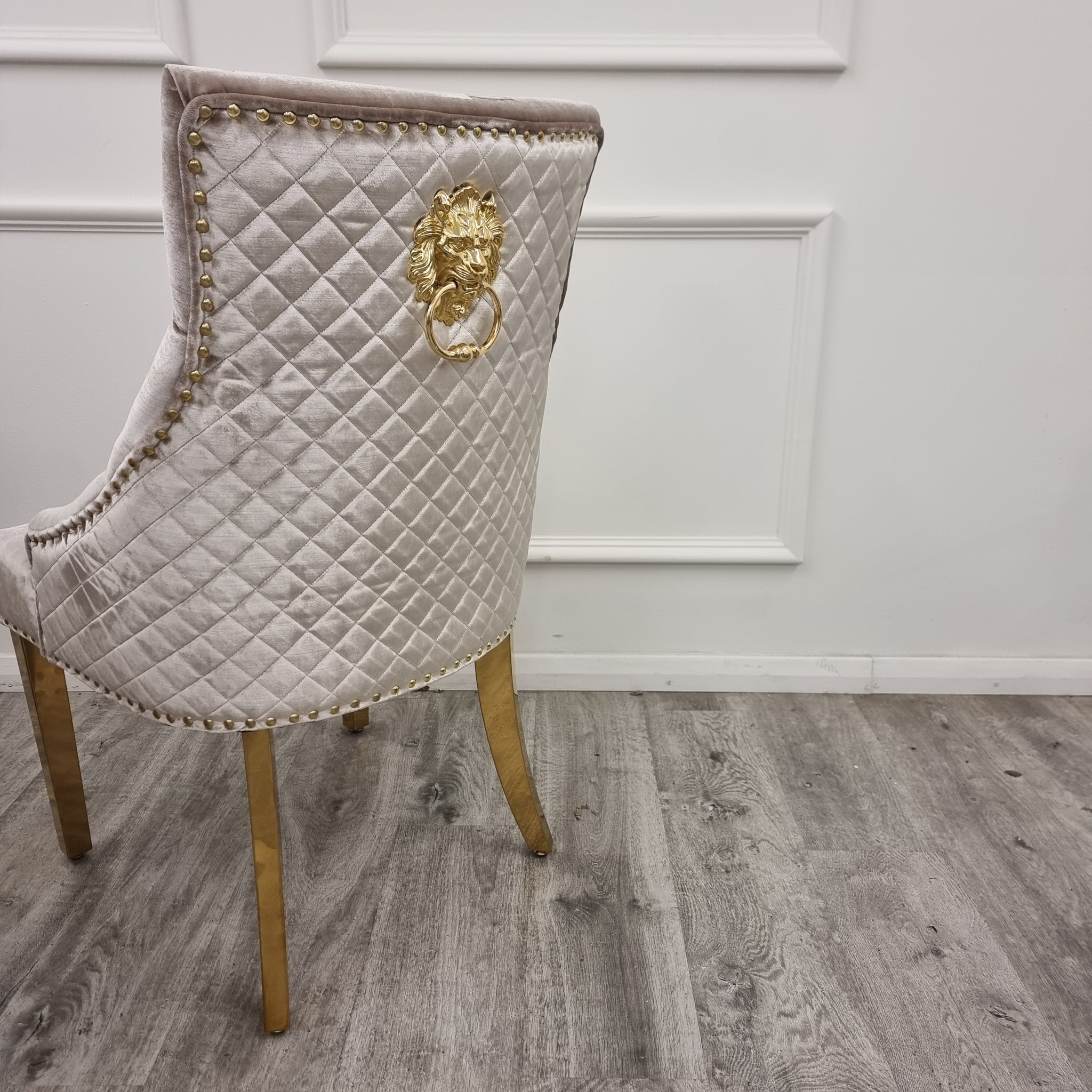 Arianna 180cm Gold Marble Dining Table with Gold Lion Knocker Black Velvet Dining Chairs
