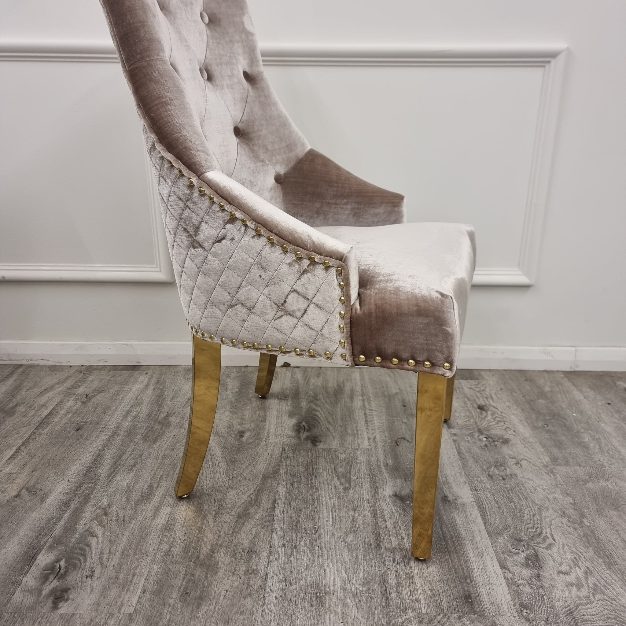 Arianna 180cm Gold Marble Dining Table with Gold Lion Knocker Black Velvet Dining Chairs