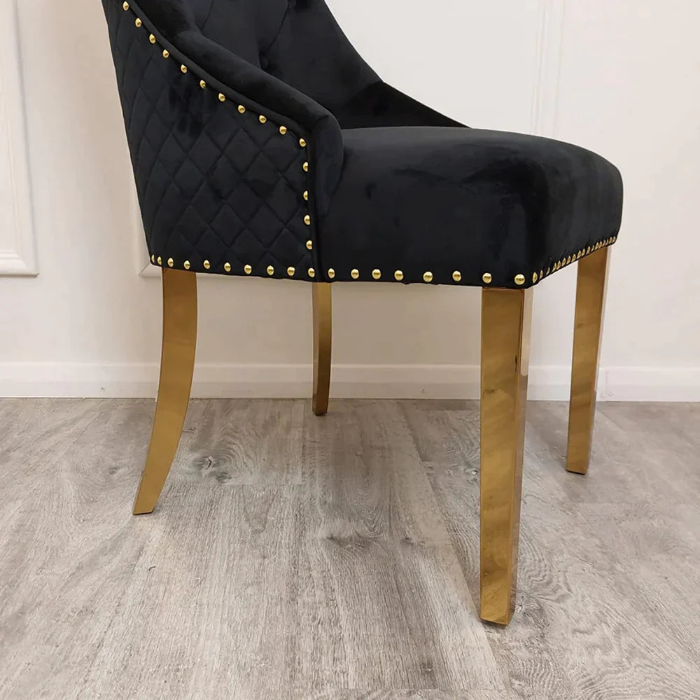 Arianna 180cm Gold Marble Dining Table with Gold Lion Knocker Black Velvet Dining Chairs