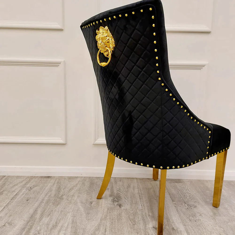 Arianna 180cm Gold Marble Dining Table with Gold Lion Knocker Black Velvet Dining Chairs
