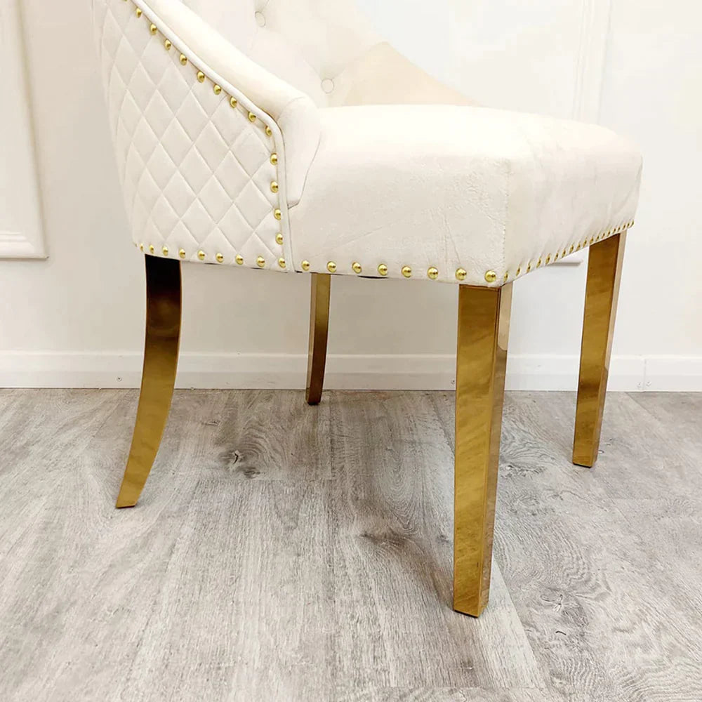 Arianna 180cm Gold Marble Dining Table with Gold Lion Knocker Black Velvet Dining Chairs