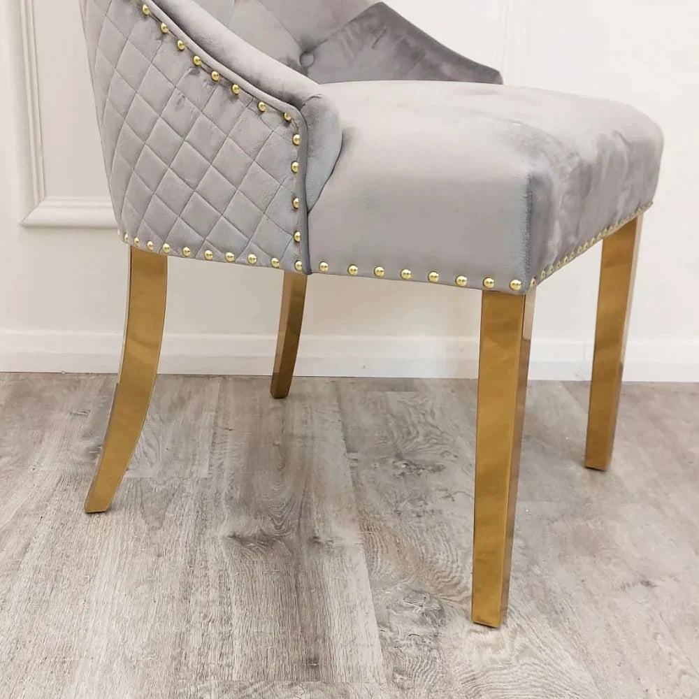 Arianna 180cm Gold Marble Dining Table with Gold Lion Knocker Black Velvet Dining Chairs