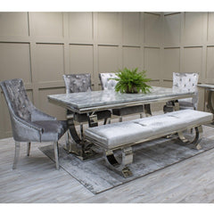 Arianna 150cm Grey Marble Dining Table + Belle Grey Velvet Dining Chairs + Grey 130cm Bench