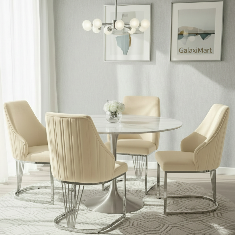 Bentley 90cm Round Grey Chrome Dining Table with Velvet Dining Chairs