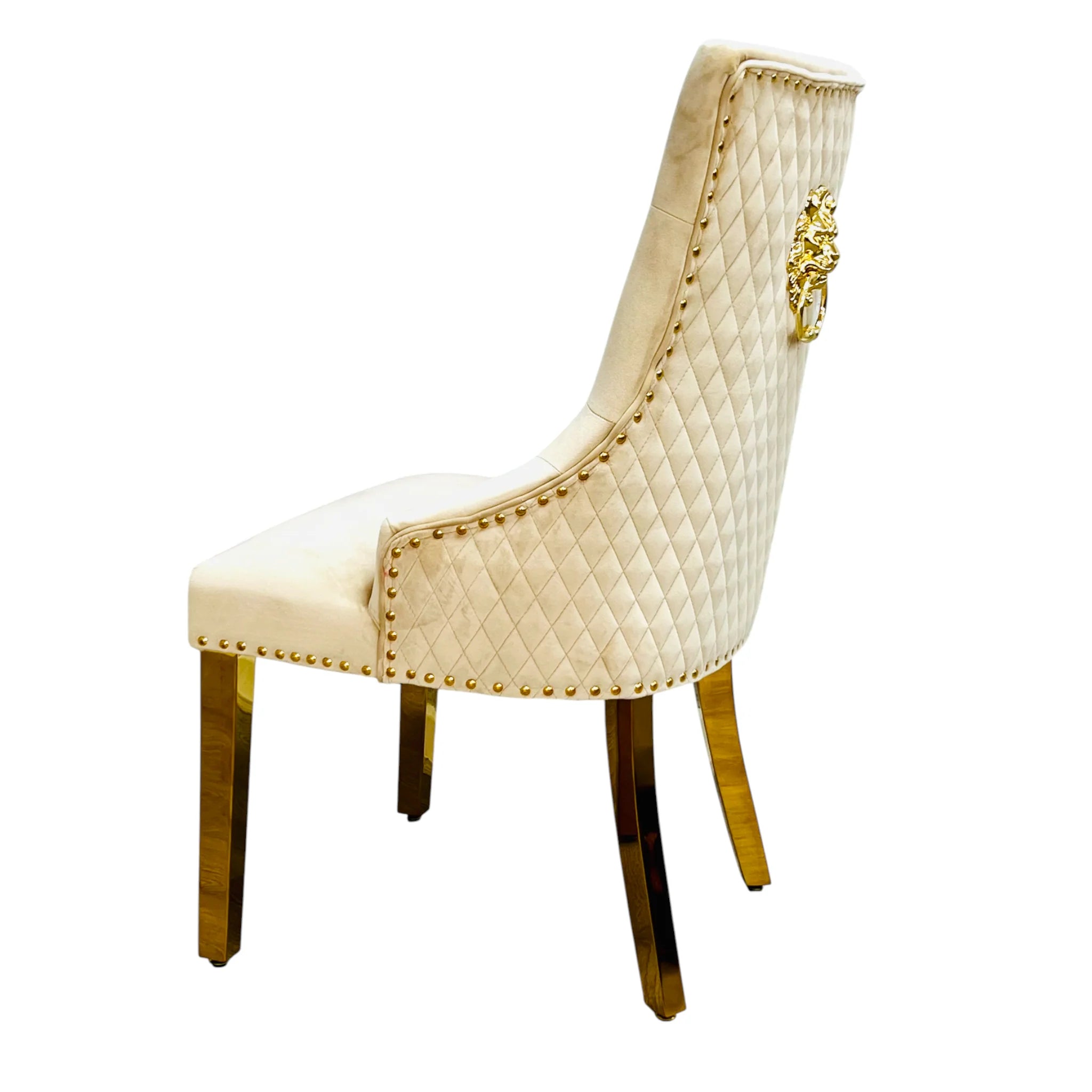 Bentley Lion Knocker Cream Velvet Dining Chairs With Gold Legs