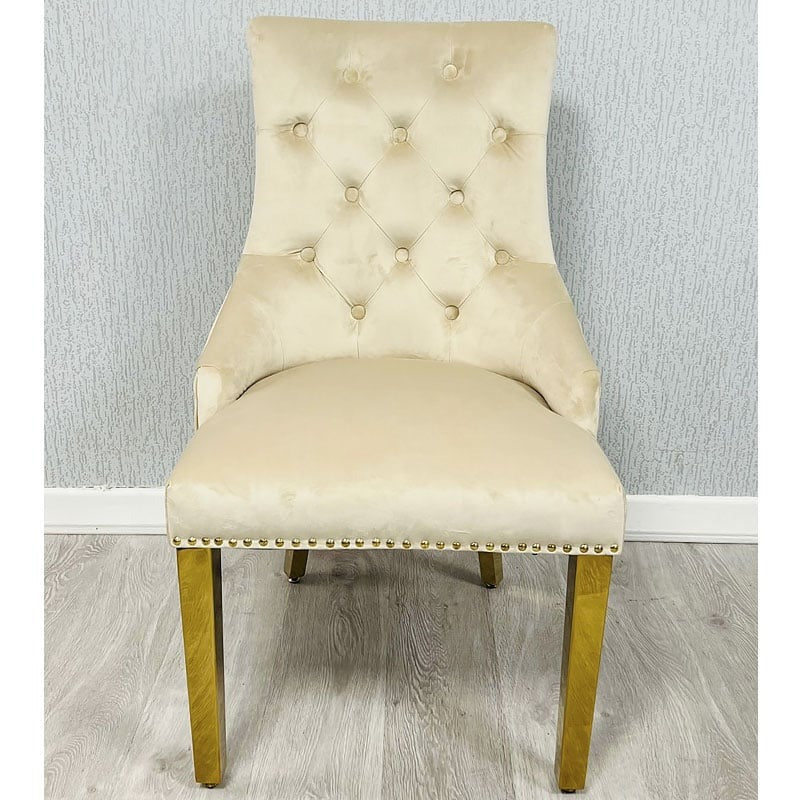Bentley Ring Knocker Cream Velvet Dining Chairs With Gold Legs