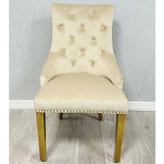 Bentley Ring Knocker Cream Velvet Dining Chairs With Gold Legs